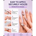 Nude Leopard Print Press‑On Nails with Pink Rhinestones & 3D Butterfly, Sweet‑Cool Long Almond False Nails
